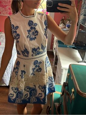 Alexis White Dress with Blue Floral Embroidery and Cream Lace